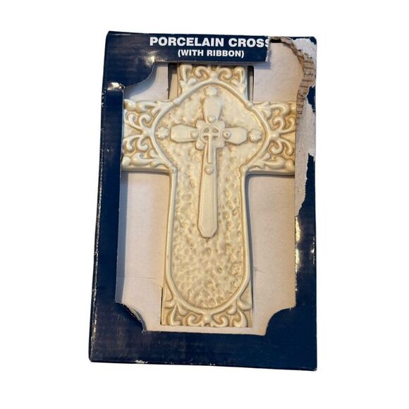 Porcelain Cross With Ribbon 7.5" Religious Wall Decor By DCC Decor Inc - White - Picture 1 of 5